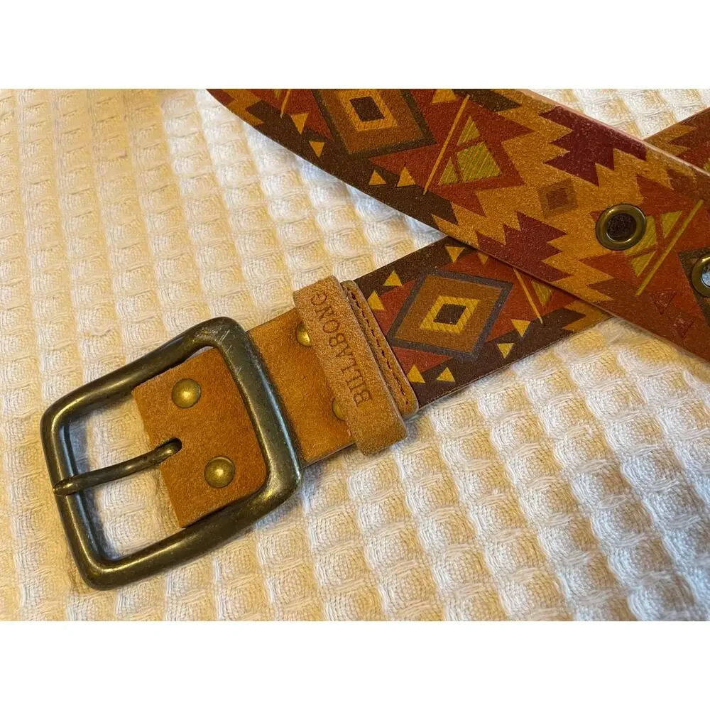 Billabong Leather Multicolor Tribal Print Classic Boho Y2K Belt Medium